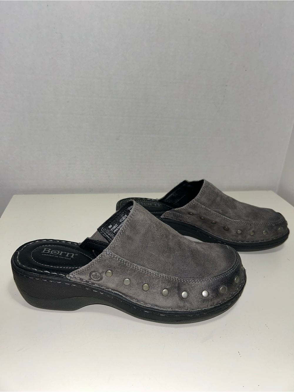 Born Majesty Gray Suede Studded Slip On Clog Mule
